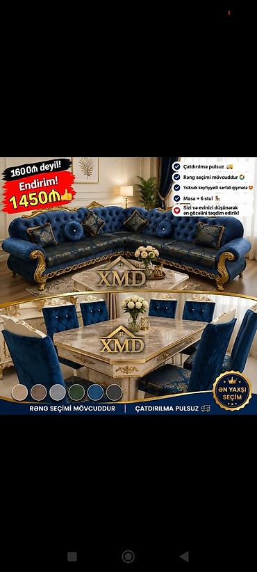 kafe stulları: Klassik üslubda yumşaq dəst və yemək otağı dəsti - Künc divan: mavi — 1