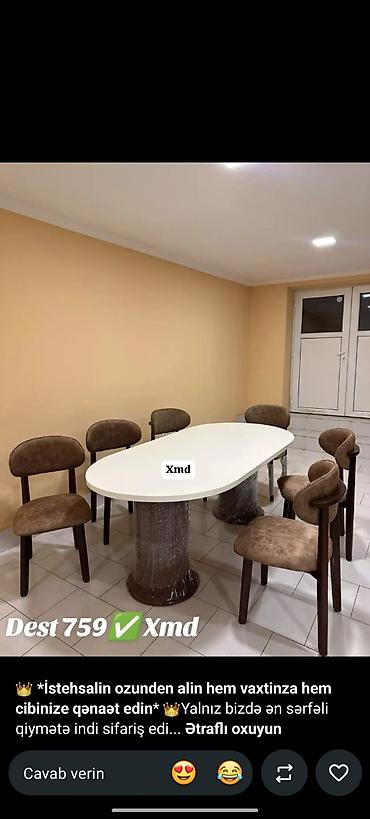 Yemək otağı dəsti – 1 masa + 6 stul - Masa: oval formalı, ağ rəngli