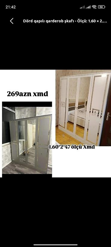 boy guzguler: Dörd qapılı qarderob şkafı - Ölçü: 1.60 × 2.00 × 0.47 m - Ön fasadda — 1