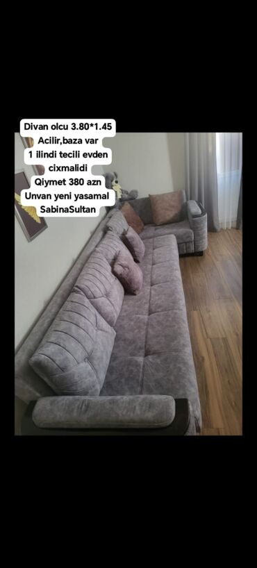 ev esiyalari: Divan olcu 3.80*1.45 Acilir,baza var 1 ilindi tecili evden cixmalidi