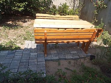 stol dəstləri: Bağ üçün taxta mebel dəsti - Tərkib: 1 ədəd düzbucaqlı stol və 2 ədəd — 4