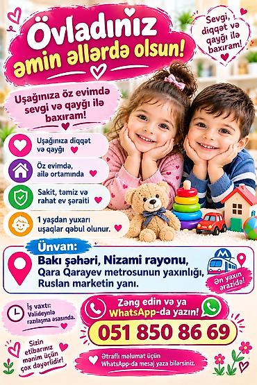 Uşaqlara ev şəraitində baxım xidməti təqdim olunur. Xidmət sevgi lalafo.az -da Uşaqlara ev şəraitində baxım xidməti təqdim olunur. Xidmət sevgi