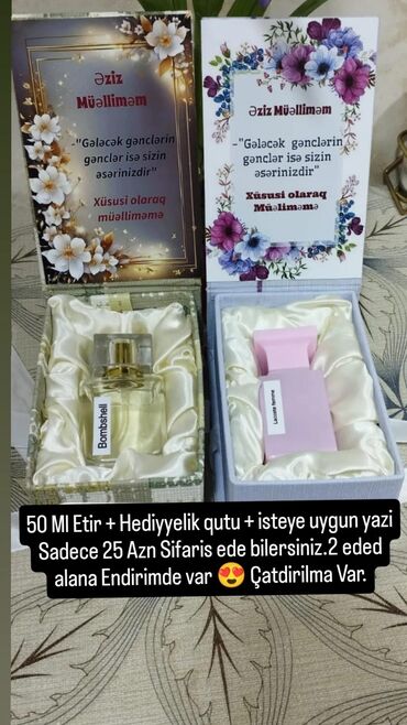 hediye qutusu: Müəllimlər üçün hədiyyəlik ətir seti. Məzmun: - 50 ml ətir (şüşəli
