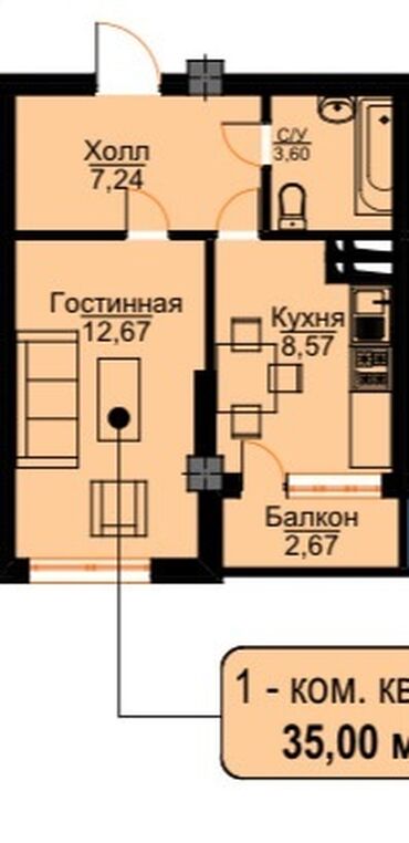 купить квартиру в строящемся доме: 1 бөлмө, 36 кв. м, Элитка, 3 кабат, ПСО (өзү оңдоп түзөтүп бүтүү үчүн)