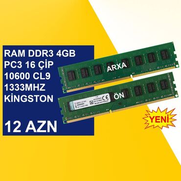 Digər ehtiyat hissələri: Operativ yaddaş (RAM) Kingston, 4 GB, 1333 Mhz, DDR3, PC üçün, Yeni