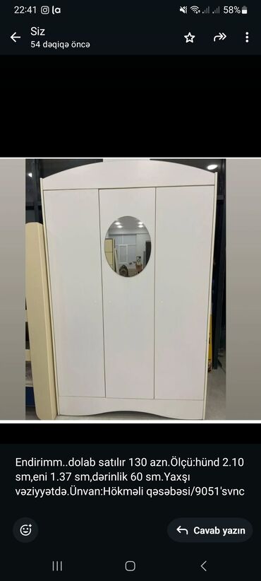 xacmazda tecili satilan evler: Endirimm. dolab satılır 130 azn.Ölçü:hünd 2.10 sm,eni 1.37 sm,dərinlik