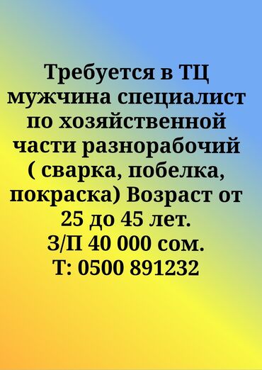 требуется продавец в магазин: Требуется в ТЦ разнорабочий( сварка, побелка, покраска) Возраст от 25