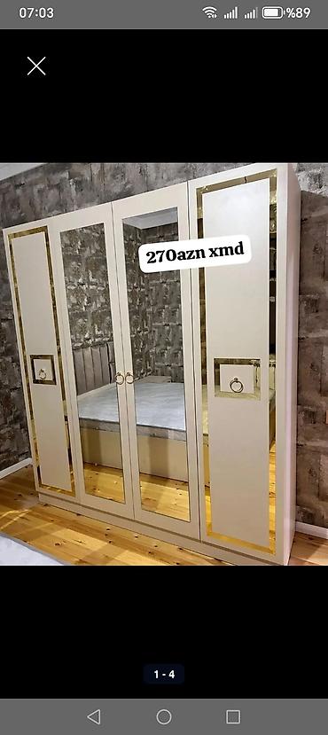 Yeni, 4 qapılı, Güzgülü, Bej, Açılan, Düz dolab