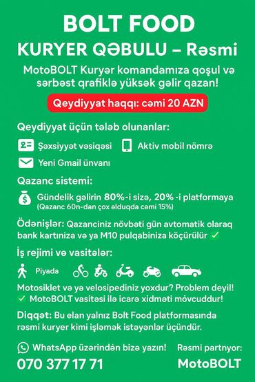Taksi sürücüləri: Moto-kuryer tələb olunur, Gündəlik ödəniş