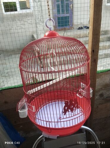 Qəfəslər: Qırmızı dairəvi quş qəfəsi - Material: metal barmaqlıqlar və möhkəm