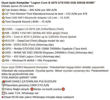 Masaüstü kompüterlər və iş stansiyaları: Oyun üçün Kompüter "Legion Core i5 4570 GTX1050 2GB 256GB NVME” Dekabr -da lalafo.az — 2 Masaüstü kompüterlər və iş stansiyaları: Oyun üçün Kompüter "Legion Core i5 4570 GTX1050 2GB 256GB NVME” Dekabr — 2