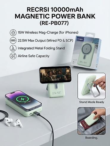 RECRSI RE-PB077 — магнитный пауэрбанк 10000 мА·ч для iPhone и других