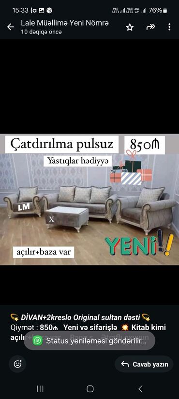 ofis ucun divan: 💫 _*DİVAN+2kreslo Original sultan dəsti*_ 💫 Qiymət : *850₼* *Yeni və