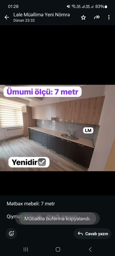 metbex ucun moyka: Mətbəx mebeli: 7 metr Qiymət: 700₼☑️ Üzərində moyka+ kran verilir☑️