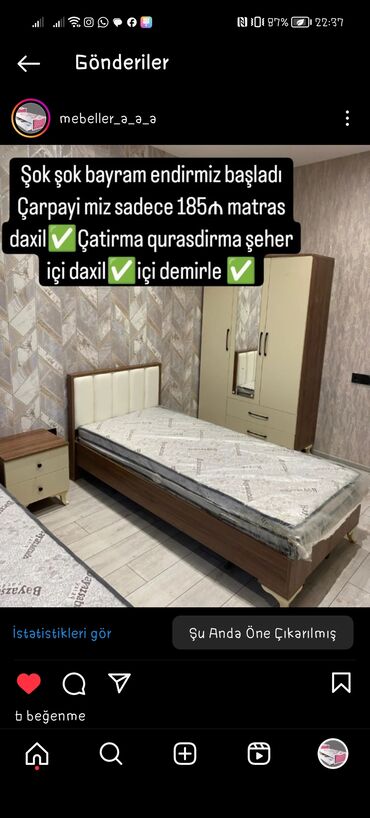 yataq desti islenmis: Новый, Односпальная кровать, Без подьемного механизма, С матрасом, Без выдвижных ящиков, Турция