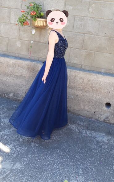 вечернее платье в пол синего цвета: Вечернее платье, А-силуэт, Длинная модель, Фатин, Без рукавов, С пайетками, M