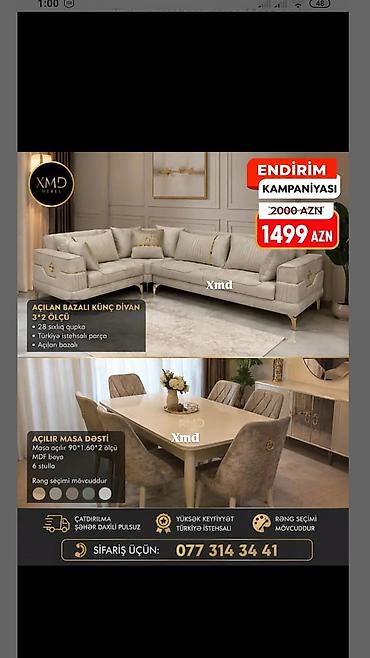 Divan və masa dəstləri: Açılan bazalı künc divan və açılır masa dəsti Künc divan: - Ölçü: 3×2 — 1