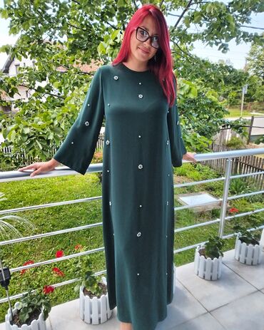 duge pamucne haljine: XL (EU 42), bоја - Maslinasto zelena, Oversize, Dugih rukava