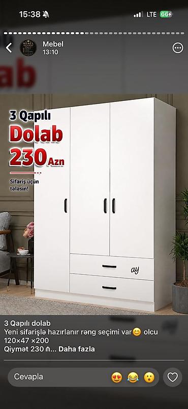 3 qapılı dolab - Ölçü: 120 × 47 × 200 sm - Daxildə asılqan bölməsi və