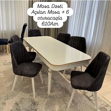 oturacaq uzlu: Məhsul: Masa dəsti Tərkibi: - Açilən (uzadıla bilən) masa - 6 ədəd — 1