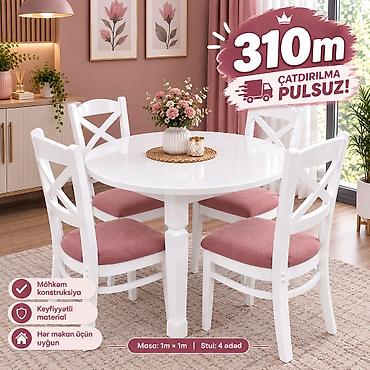 Ağ rəngli, zərif yemək dəsti: - Dairəvi masa: ölçü 1 m × 1 m - 4 ədəd