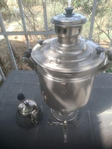 Metall samovar + çaydan dəsti - Klassik kömür/odunla işləyən samovar