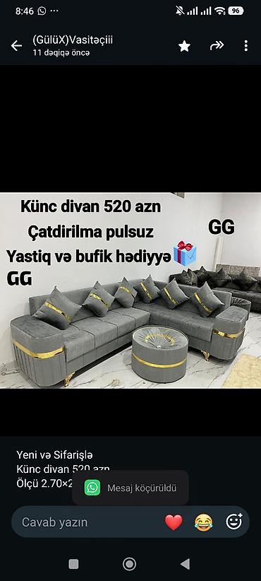 Yeni və Sifarişlə Künc divan 520 azn Ölçü 2.70×2.10 Üstundə Yastiq və lalafo.az -da Yeni və Sifarişlə Künc divan 520 azn Ölçü 2.70×2.10 Üstundə Yastiq və
