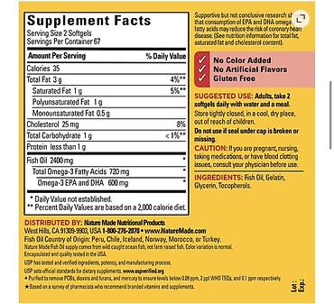 Gözəllik və sağlamlıq: Nature Made Fish Oil – 2400 mg (hissə başına), 720 mg Omega‑3 Format — 3