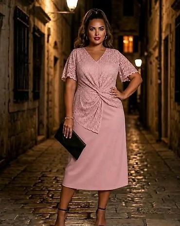 romboidi: Elegantna midi čipkana haljina s preklopom - Kroj: midi dužina, blago — 5