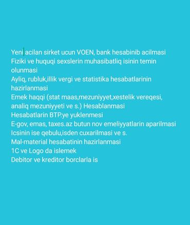 az dilinden rus diline tercume: Mühasibat uçotu | Mühasibat uçotunun bərpası, Mühasibat uçotunun aparılması, Vergi uçotu üzrə məsləhət xidmətləri