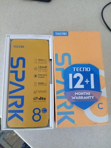 işlənmiş telefonlar samsung: Tecno Spark 8C, 64 GB, rəng - Ağ, Barmaq izi