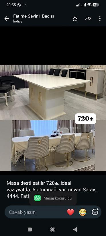 Masa dəsti satılır 720₼. ideal vəziyyətdə. 6 oturacağı var. ünvan lalafo.az -da Masa dəsti satılır 720₼. ideal vəziyyətdə. 6 oturacağı var. ünvan
