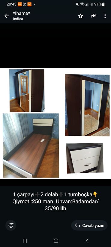 Masa və oturacaq dəstləri: 1 çarpayı➕2 dolab➕1 tumboçka👇Qiyməti:*250* man. Ünvan:Badamdar/35/90