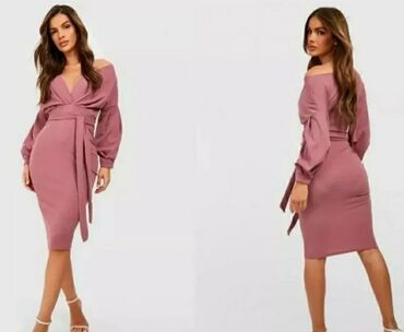 zenski sako i pantalone: BooHoo, predivna off shoulder haljina midi dužine M Puder boja