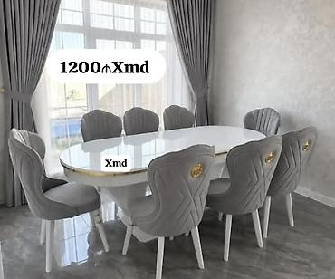 jysk mebel: - Yemək otağı dəsti: oval masa + 8 ədəd stul - Masa: parlaq ağ üst — 1