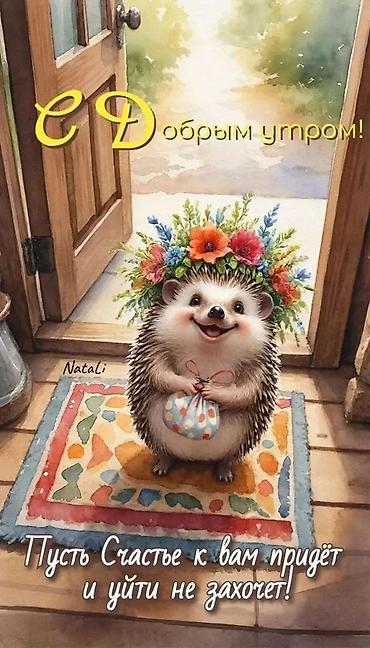 good mood: Постер/открытка «С добрым утром!» с милым ежиком - Иллюстрация — 1