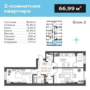 валиханова: 2 комнаты, 67 м², Элитка, 2 этаж, ПСО (под самоотделку)