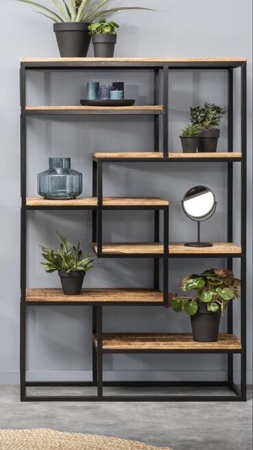 Книжные шкафы: Металлический стеллаж с полками из дерева. Конструкция устойчивая — 3