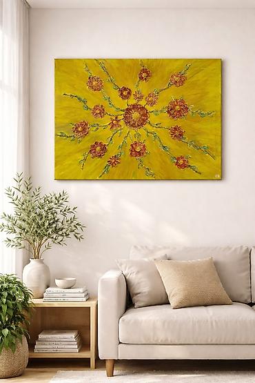 Şəkillər, tablolar: Tablolar, təkcə boya ilə deyil,əlavə işləmələrlə. Əl işidir. Kətan — 11