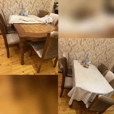 metbex ucun qaz sobalari: Qonaq otağı üçün, İşlənmiş, Açılmayan, Dördbucaq masa, 6 stul