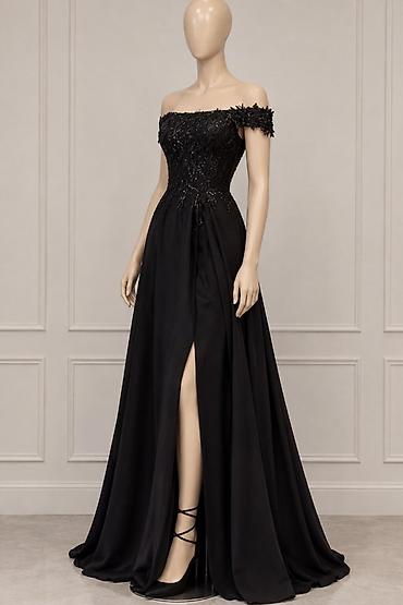 Zərif qara axşam geyimi - Model: çiyinləri açıq, off-shoulder - Üst