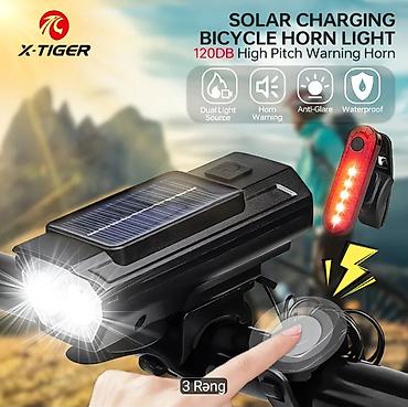 Velosiped aksesuarları: Velosiped üçün günəş paneli ilə ön fara + 120 dB siqnal + arxa fənər — 3