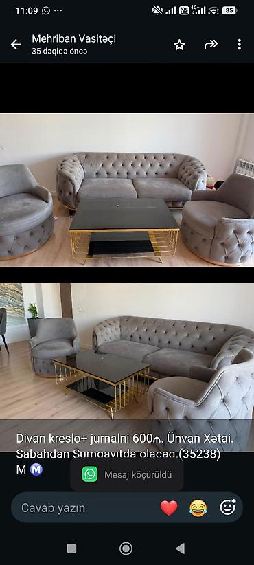 Divan kreslo+ jurnalni 600₼. Ünvan Xətai. Sabahdan Sumqayıtda