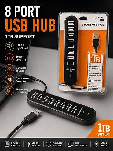 yeni hub: 8 portlu USB Hub – USB 2.0 Hi‑Speed Xüsusiyyətlər: - 8 USB port: eyni — 1