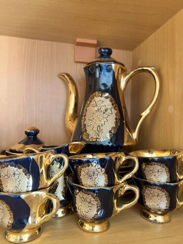 наборы из серебра с натуральными камнями: Qəhvə dəsti, rəng - Göy, Farfor, 6 nəfərlik