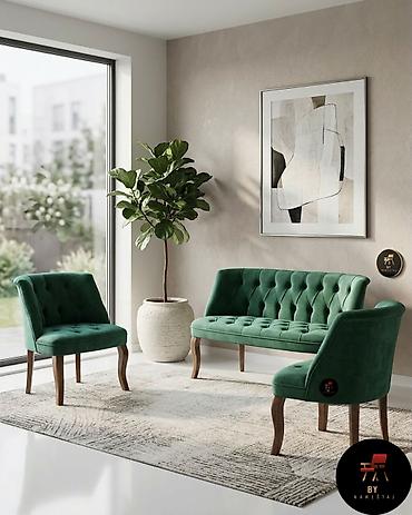 kožni dvosed: Elegantni set tapaciranog nameštaja – sofa i 2 fotelje - Dizajn — 1