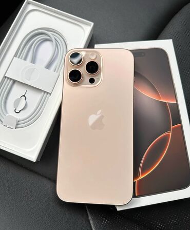 телефон обмен: IPhone 16 Pro Max, Колдонулган, 256 ГБ, Desert Titanium, Заряддоочу түзүлүш, Коргоочу айнек, Каптама, 100 %