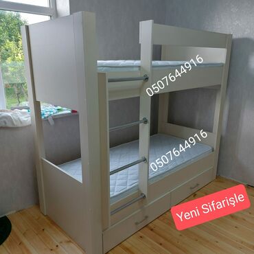 İkimərtəbəli uşaq çarpayıları: Oğlan və qız üçün, Yeni, Çarpayı, Matras ilə, Siyirməli, Laminat — 11