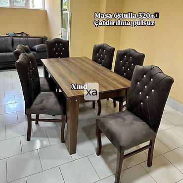 Yemək otağı dəsti – masa + 6 stul - Düzbucaqlı, taxta fakturalı masa