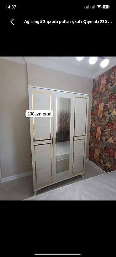 Yeni, 3 qapılı, Güzgülü, Ağ, Taxta, Açılan, Düz dolab